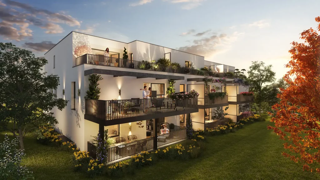 Vue 3D de nuit de la résidence BALZAN à Brunstatt-Didenheim (Haut-Rhin)